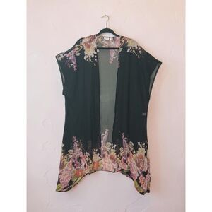 Cato 18/20W Floral Sheer Open Front Kimono Cardigan Duster - Black Pink